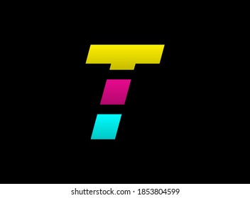 T letter vector desing, Cmyk color font logo, . Dynamic split blue, pink, yellow color on black background. For social media,design elements, creative poster, web template                     
