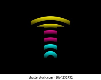 T letter vector desing, Cmyk color font logo. Dynamic split pink, blue, yellow color on black background. For social media,design elements, creative poster, web template    


