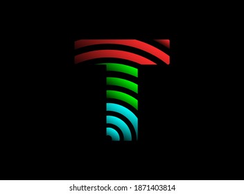 T letter vector desing, rgb color font logo. Dynamic split red, green, blue color on black background. For social media,design elements, creative poster, web template and more


