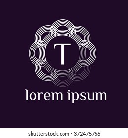 T letter vector logo with circles calligraphic borders (icon, sign, symbol, monogram). Minimal line letter initial T logo. Abstract and elegant shape font sign. logotype vector design template.