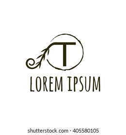 T letter vector logo. Organic logo sign, corporate identity, branding. Monogram design. Vector floral outline frame or border