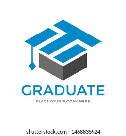 T Letter vector template logo with student hat symbol. This graduate logo is creative and can be used for education, degree, study, diploma.