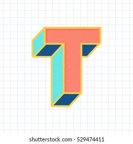 T letter vintage 3D font, retro bold vector typeface, with pastel color