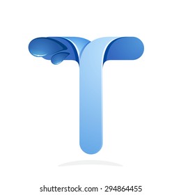 T letter with water waves and blue drops. Vector design template elements for your ecology application or company branding