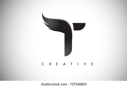 T Letter Wings Logo Design Icon. Flying Wing Letter Logo with Creative Black Wing Concept.