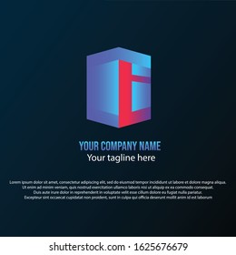 T logo with box shape, blue, purple and red gradient color collaboration.