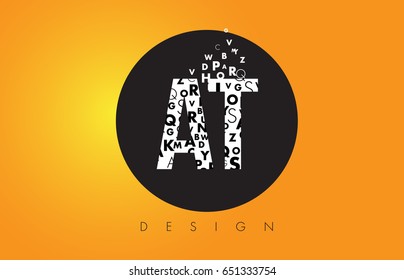 AT A T Logo Design Made of Small Letters with Black Circle and Yellow Background.