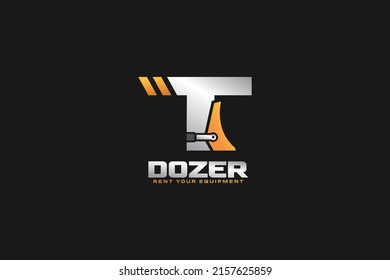El dozer del logo de T para la empresa de construcción. Ilustración vectorial de la plantilla de equipo pesado para su marca.