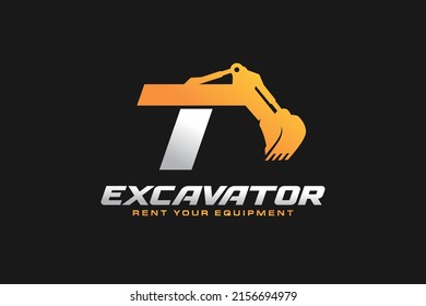 T Logo Excavator For Construction Company. Heavy Equipment Template Vector Illustration For Your Brand.