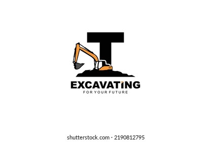 T logo excavator for construction company. Heavy equipment template vector illustration for your brand.