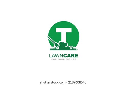 T logo lawncare for branding company. mower template vector illustration for your brand.