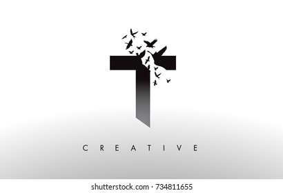 T Logo Letter with Flying Flock of Birds Disintegrating from the Letter. Bird Fly Letter Icon.