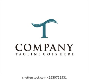 T logo wave design featuring a stylized letter and placeholder text for a company tagline.
