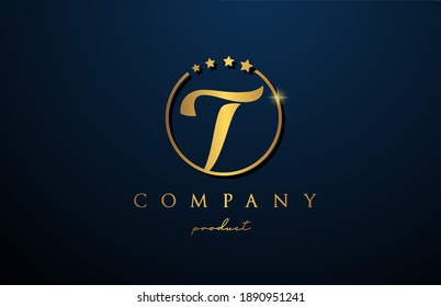 T luxury alphabet letter logo for company and corporate in gold colour. Golden star design with circle. Can be used for a luxury brand 