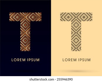 T ,Luxury font, designed using gold and brown bronze line square geometric shape with black and white tone, logo, symbol, icon, graphic, vector.