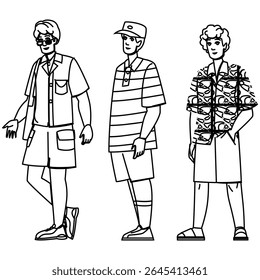 t man summer fashion vector. shirts sunglasses, sandals hats, sneakers linen t man summer fashion character. people black line pencil drawing illustration