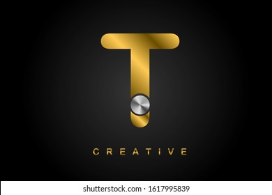 T metallic golden letter with silver screw vector illustration. Creative letter design for icon, logo, label, cover, print, emblem, company name, jewelry or web page. 