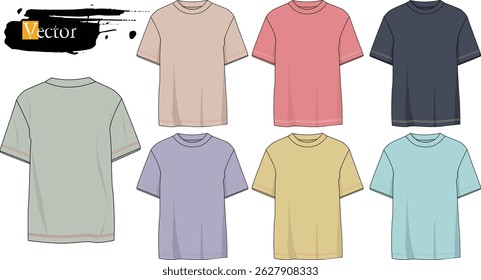 T, Mockup of bright t-shirts vector, fashion unisex clothes isolated on background, front,back, Stylish men's shirt template for design, pattern, brand, commerce. Set of clothes, product photography.T