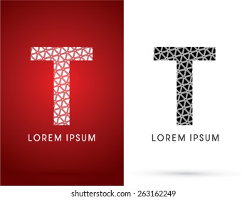 T ,Modern font, designed using white and black triangle geometric shape. on red and white background, sign ,logo, symbol, icon, graphic, vector.