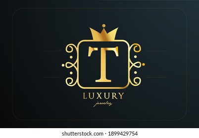 T monogram golden metal alphabet letter logo. Creative icon design with king crown for luxury business and company 