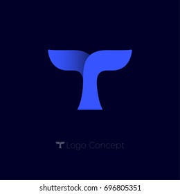 T Monogram. T Letter Origami Emblem. Whale Tail Logo. Blue Whale Tail On A Dark Background.