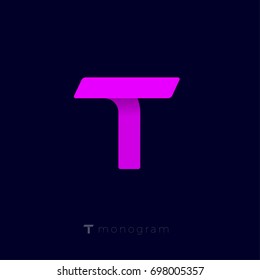 T monogram. T letter origami emblem.  Pink T letter on a dark background.