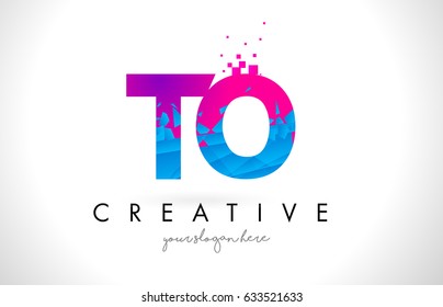 TO T O Letter Logo with Broken Shattered Blue Pink Triangles Texture Design Vector Illustration.