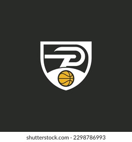 T and P initial vector logo design template with shield and basketball silhouette isolated on black background