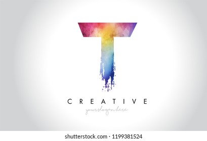 T Paintbrush Letter Design with Watercolor Brush Stroke and Modern Vibrant Colors Vector.