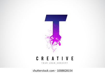 T Purple Letter Logo Design with Creative Liquid Effect Flowing Vector Illustration.