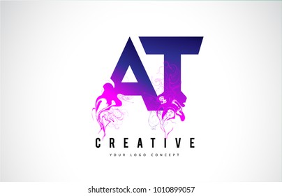 AT A T Purple Letter Logo Design with Creative Liquid Effect Flowing Vector Illustration.