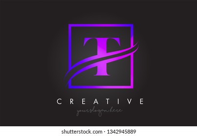 T Purple Violet Letter Icon Logo Design with Square Swoosh Border and Creative Design Vector Illustration.