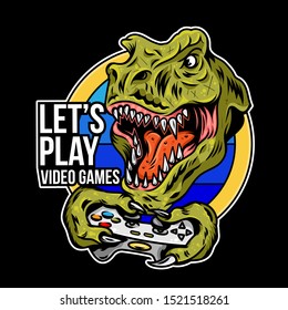 T rex angry dinosaur gamer which play game on joystick gamepad controller for arcade video game. Custom mascot sport logo design vector illustration. Print design of geek culture for t shirt apparel.