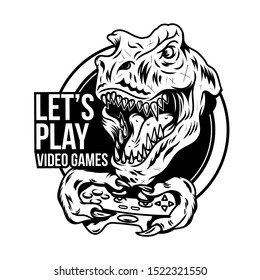 T rex angry dinosaur gamer which play game on joystick gamepad controller for arcade video game. Custom mascot sport logo design vector illustration. Print design of geek culture for t shirt apparel.
