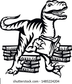 T rex with a book. Dinosaur illustration. Vector image.