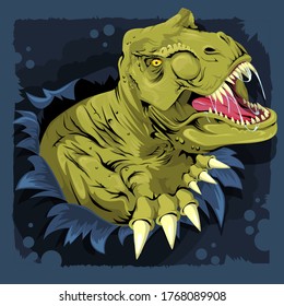 T Rex cartoon dinosaur ripping through a wall on a dark blue background. Vector illustration