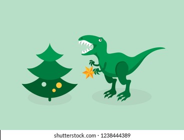 T rex Christmas trouble vector. Tyrannosaurus with a Christmas tree. Angry festive dino. Dinosaur christmas problem. T rex funny christmas illustration