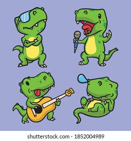 T rex is cool, t rex sings, t rex plays guitar and t rex sleeps animal logo mascot illustration pack