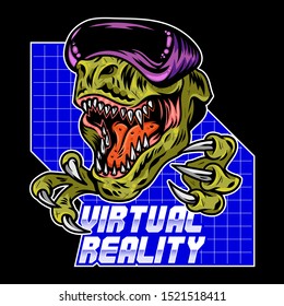 T rex dinosaur angry gamer which play virtual arcade video game in modern VR glasses. Mascot sport logo design vector illustration with gamepad controller. Print of geek culture for t shirt apparel.
