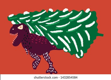 T rex dinosaur carry Christmas tree. Isolated cartoon character illustration. Coral background. T shirt, poster, greeting card design elements. Vector