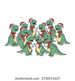 T rex dinosaur choir singing songs wearing santa hats and scarves prehistoric animals holiday celebration graphic adorable vector