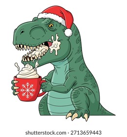 T rex dinosaur drinking hot cocoa with whipped cream messy face wearing santa hat funny winter vector graphic illustration