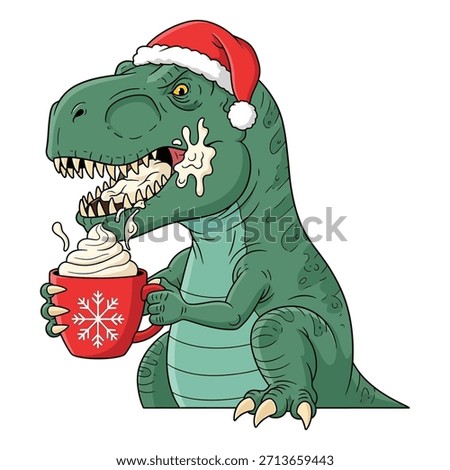 T rex dinosaur drinking hot cocoa with whipped cream messy face wearing santa hat funny winter vector graphic illustration