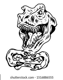 T rex dinosaur gamer angry head which play game on joystick for video game arcade. Custom design vector vintage illustration with gamepad controller. Print design of geek culture for t shirt apparel.