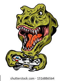 T rex dinosaurio gamer cabeza enojada que juega en joystick para videojuegos arcade. Ilustración vectorial de diseño personalizada con controlador gamepad. Diseño impreso de cultura geek para ropa de pantalones.