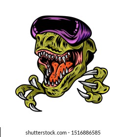 T rex dinosaur gamer angry head which play virtual arcade video game in modern VR glasses. Custom design vector illustration with gamepad controller. Print design of geek culture for t shirt apparel.