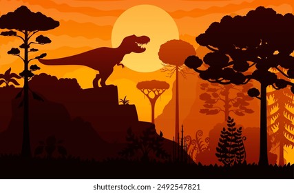 Dinosaurio T Rex en el paisaje del bosque del atardecer en silueta del parque de la selva jurásica, fondo del Vector. Paisaje prehistórico con tiranosaurio o lagarto dinosaurio T-rex en la montaña rugiendo en el bosque de selvas