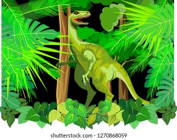  T rex Dinosaur in the prehistoric jungle, vector illustration