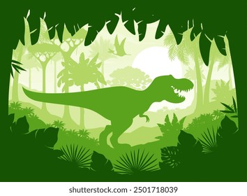 Silueta del dinosaurio de T Rex en el bosque tropical de la selva del parque jurásico, fondo del Vector de la historieta. Tyrannosaurus o lagarto dinosaurio prehistórico T-rex rugiendo en el bosque de selvas con silueta de pterodáctilo