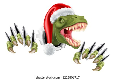 A T Rex dinosaur wearing a Santa Christmas hat and tearing through the background